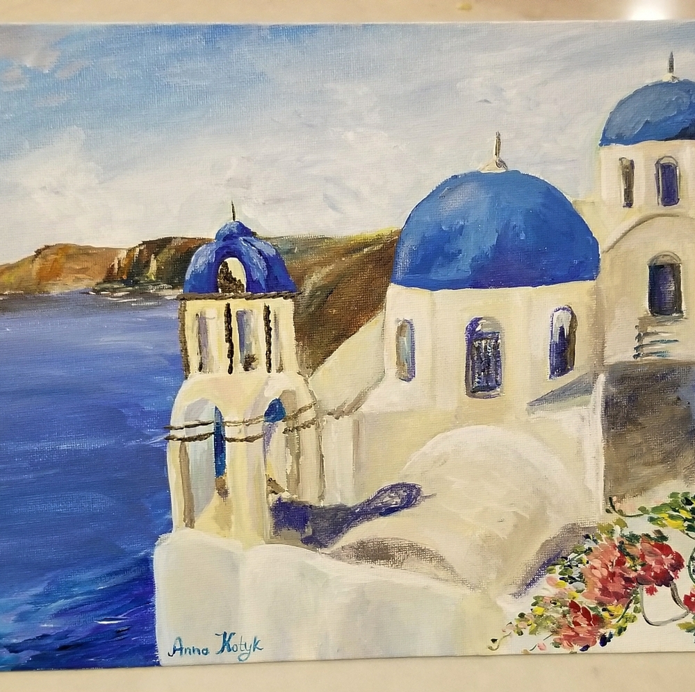 Santorini painting. Acrylic on canvas board 9x12